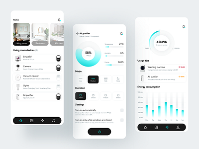 Eco-Smart Home 🏠 air purifier app bar graph design eco eco friendly energy environment iot mobile pie chart rooms savings smart home smarthome switch tab bar ui usage ux