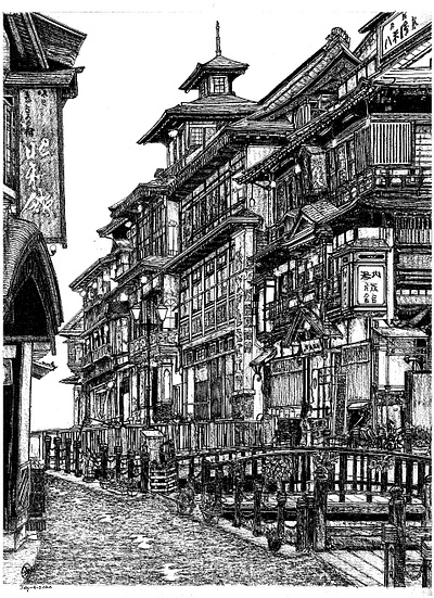 Ginzan Onsen yamagata Japan art artist artwork background black and white city drawing illustration ink ink art ink drawing ink illustration ink on paper ink pen micron pen pen and ink print prints traditional wall decor