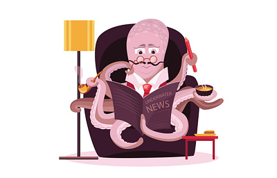 Octopus reading a newspaper character design flat illustration illustrator vector