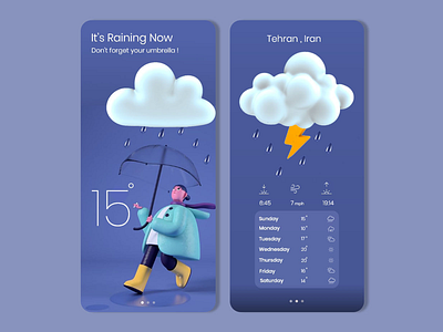 Weather App 3dcloud 3dillustration app cloud design designer rain sunny ui uidesign uidesigner umbrella weather weather app