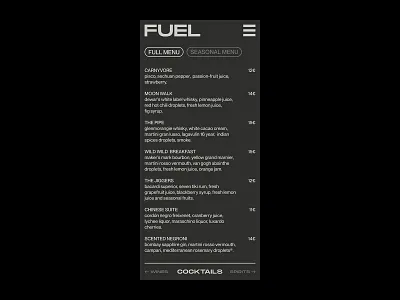Fuel Bar – Visual Identity. black and white branding graphic design menu bar menu design mobile menu monochrome restaurant branding typography ui