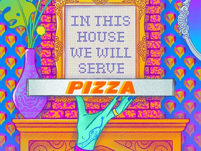 In This House We Will Serve PIZZA digital illustration embroidery fashion illustration frame home illustration pattern pattern design pizza procreateapp rainbow