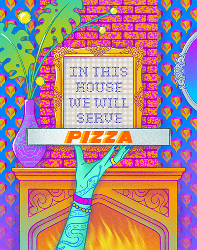 In This House We Will Serve PIZZA digital illustration embroidery fashion illustration frame home illustration pattern pattern design pizza procreateapp rainbow