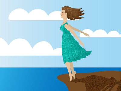 woman enjoying on the wind cliff clouds dots dots texture enjoy enjoying eyes closed green dres hair illustration meditation sea shadow sky turquoise vector window windy woman woman illustration