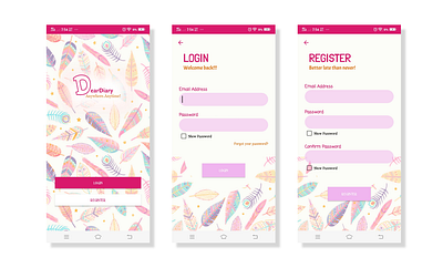 DearDiary Welcome page,Login page and Register page adobe xd android app design android app ui login page login shot register page register shot signup page uidesign welcome page welcome shot