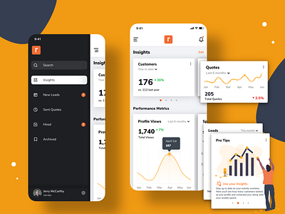 Side Project — Marketplace for Local Professionals III card design cards ui chart ui concept design dashboard data visualization ellipsis hamburger menu insights ios app kpi metrics mobile app navigation product design ui ux visual exploration