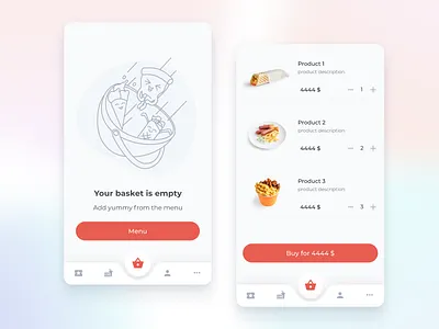 Shopping cart screens in the mobile app basket cards design ecommerce empty status food food app gradient illustration minimal minimalist mobile ui ux vector