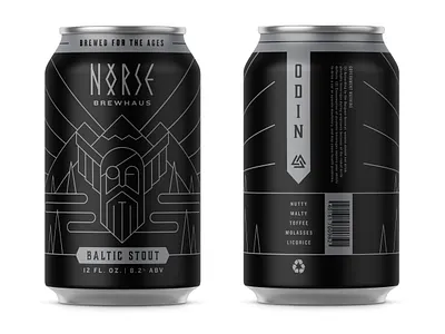 Norse Brewhaus – ODIN: Baltic Stout black branding gods illustraion monoline mountains nature nordic norse odin packaging pine rivers silver viking