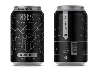 Norse Brewhaus – ODIN: Baltic Stout black branding gods illustraion monoline mountains nature nordic norse odin packaging pine rivers silver viking