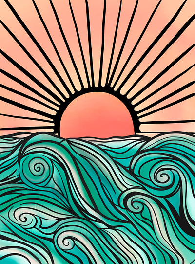 elements digital art digital illustration graphic design illustration line art ocean procreate sunrise sunset