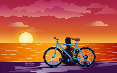 A Man Sitting on Beach Sunset Landscape background background art background design beach bicycle design illustration illustrator landscape landscape illustration light love man sea single sitting sun sunset typography vector