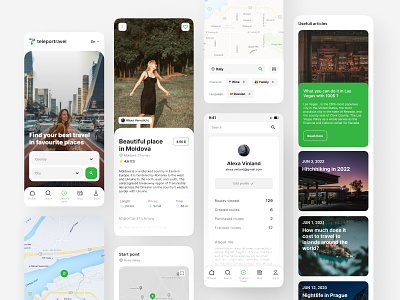 Teleportravel - mobile screens app articles colorful e-commerce flat flat design green interface itinerary marketplace mobile platform product route site startup travel ui ux white theme