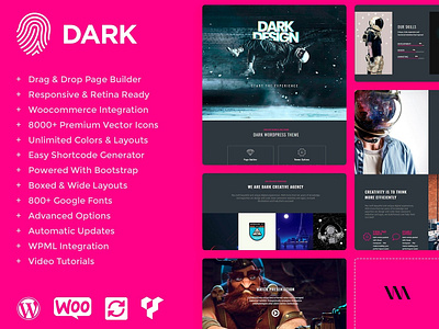 Dark WordPress Theme - Features dark app dark mode dark theme dark ui design html css html template html5 page builder plugins responsive site builder template theme web design web development wordpress wordpress design wordpress development wordpress theme