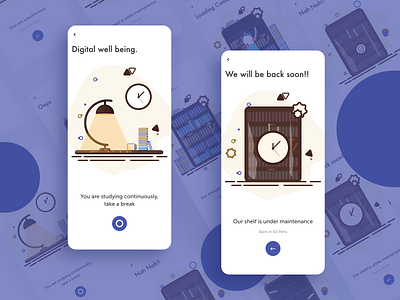 Empty States, Digital wellbeing, Server under maintenance adobe illustrator adobexd app book design elearning emptystate interface library library graphic design mobile ui mobileappdesign reading shelf ui uidesign uiux ux uxdesign vector