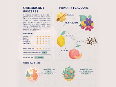 Wine Infographic - Cserszegi Fűszeres alcohol art citrus design flower grape honey infographic peace pepper photoshop tannin vector vino vintage wine wine label winery