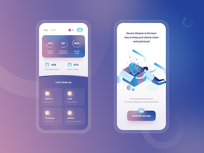 Device Clener app cleaner diagram gradient illustraion mobile onboarding phone pie chart shadow uiux