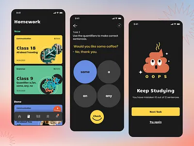 Design for learning english app app bottom button cards class clean course education english figma illustration language language learning language school lesson navigation progress bar study tab ui