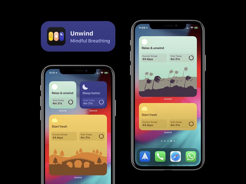 Unwind Widgets on iOS 14 app breathing calm illustration ios 14 ios14 iphone meditation mindfulness nature serene streak unwind widget widgets