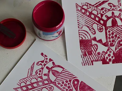 Mon œil - linogravure acrylic colors colourful design graphic illustration linocut pattern