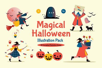 Magical Halloween Illustration Pack character characterdesign design flatdesign halloween illustration illustrations landing landingpage landingpagedesign landingpages magical page template trickortreat uidesign vector vectorillustration website witch