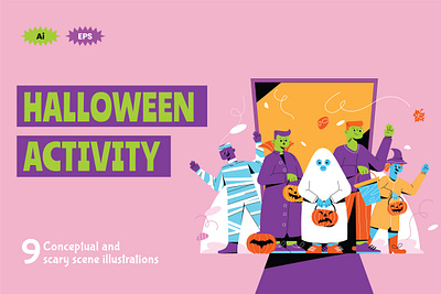 Halloween Activity Illustration Scenes activity character characterdesign design flatdesign ghost halloween halloween activity illustration illustrations landingpage landingpagedesign landingpages monster trickortreat uidesign vector vectorillustration website zombie