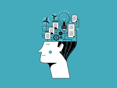 Operating mechanisms and schemes in our heads affinity designer character duotone flat flat illustration head illustration ipad pro line line art man mental health mind overthinking psychology vector