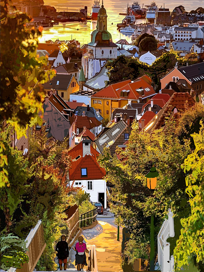 Skivebakken på Bergen i Norge bergen cities city view cityscape europe graphicdesign graphics hill houses illustration illustration art illustrator norway norwegian scandinavia scandinavian sunset vector illustration