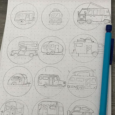 RV Camping Trailers Sketches adventure creative market design inking lineart rv simple design sketches trailers travel icon vintage work in progress work process