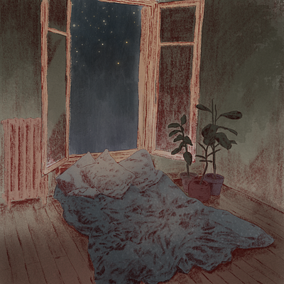 everything tires me app art bed bedroom blue design flat green illustration illustrator minimal nightsky plants procreate starry night starry sky ui vector web