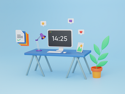 The Blue Desk 3d 3dart b3d blender blue cycles desk illustration imac isometric lamp lowpoly pc plant pot table task workspace