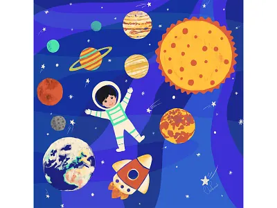 SPACE TRIP adobe art children illustration digital dribbble earth illustration moon planets simple solarsystem space space trip spaceship star sun