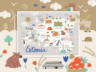 Estonian map bear character country europe illustration kids map nature travel traveling
