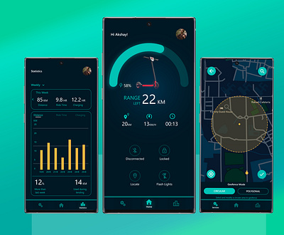 Electric Scooter companion App dashboard ui dataviz design electric vehicles futurism geofence iot retro scooter ui ux