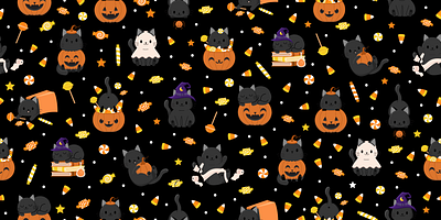 Halloween Candy & Kitties - Black black candy corn cat children costumes cute halloween illustration pattern pattern design pumpkin surface pattern surface pattern design