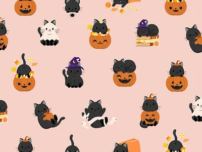 Halloween Candy & Kitties - Peachy Cream black candy cat cats costumes cute halloween halloween design halloween party illustration pattern pattern design pumpkin surface pattern surface pattern design trickortreat