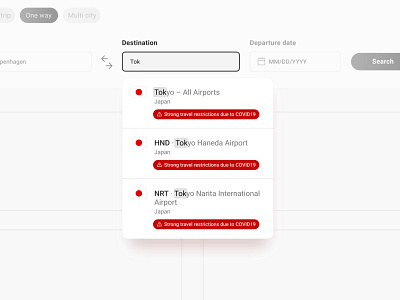 Travel Restrictions on Search booking component fly japan popover search ui ui design warning