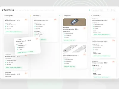 AppRent | KanBan Board archia asana cards ui dashboard app dashboard design green interface design kan ban view kanban kanban board management app muted orange product design real estate realestate saas tags web admin workorders
