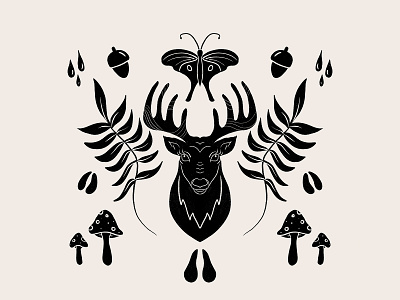Forest deer blackandwhite chestnut deer deer head leaves moth mushrooms procreate symmetry