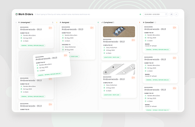 AppRent | KanBan Board archia asana cards ui dashboard app dashboard design green interface design kan ban view kanban kanban board management app muted orange product design real estate realestate saas tags web admin workorders