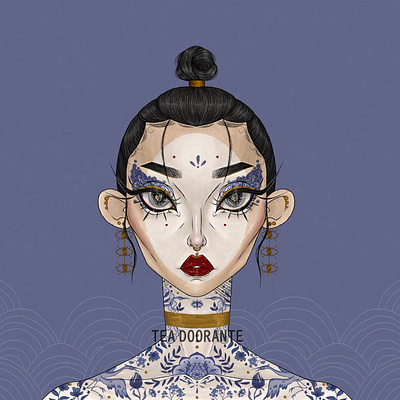 Porcelain china crane digital 2d digital illustration editorial fashion editorial makeup fashion geisha gold high fashion illustration japanese art japanese crane makeup modern geisha oriental portrait portrait art stylized tea doorante