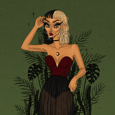 Untamed cheetah digital 2d digital illustration editorial fashion fashion illustration leaves makeup palm leaf plants portrait portrait art stylized tea doorante