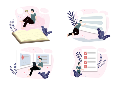 Multitasking Illustrations book branding character dailyui emptystate flat flatdesign illustration indonesia onboarding pink startup uidesign vector