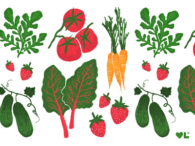 Vegetable Garden Illustration Series carrots cucumbers design garden gardening gardens handmade illustration illustration art illustration series kale organic organic food pattern strawberries swiss chard tile tomatoes vegetable vegetables