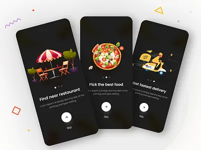 Food Delivery - Mobile App app guide app ui branding dark dark mode dark ui delivery design food food and drink food app food dark food delivery food delivery app foodie guide splash splash screen tutorial