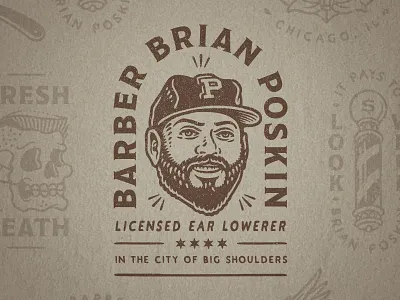 Barber Brian Poskin 1 arc badge barber baseball cap distressed face illustration vintage