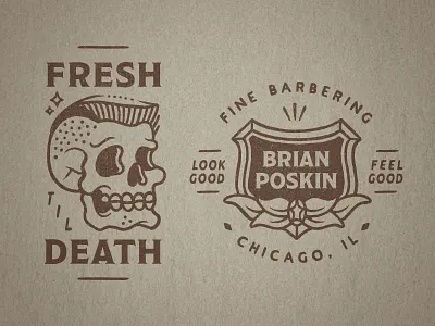 Barber Brian Poskin 3 badge barber crest flash flattop haircut illustration skull tattoo type vintage