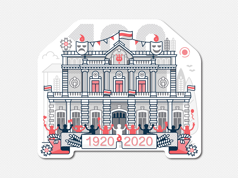 100 Years of Kupalauski Theater Sticker anniversary belarus building concept drama flat design illustration kupalauski line art solidarity sticker theater theater design theatres