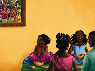 Biedronka Piorko Competition - dining scene boy children dinner fmaily food girl illustration indian painting yellow