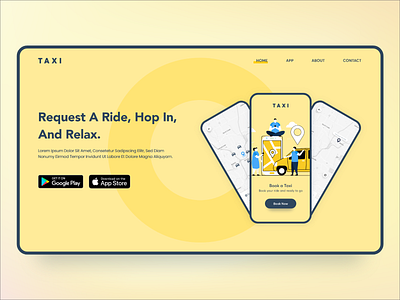 Landing Page for Taxi Booking Application adobe xd app store booking cab clean creative design flat google play store illustration landing page minimal route specindia taxi ui ux vector website