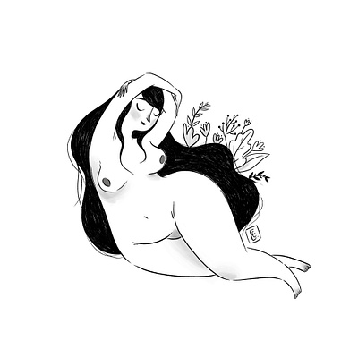 Love Your Body blackandwhite body curves embrace flowers illustration ink inner peace love naked positive woman